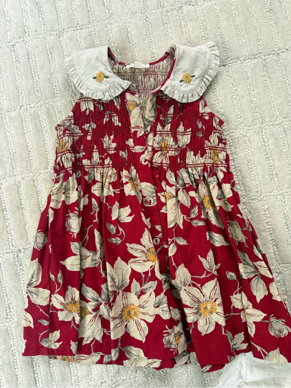 Girls' Red Floral Smocked Dress with Embroidered Collar